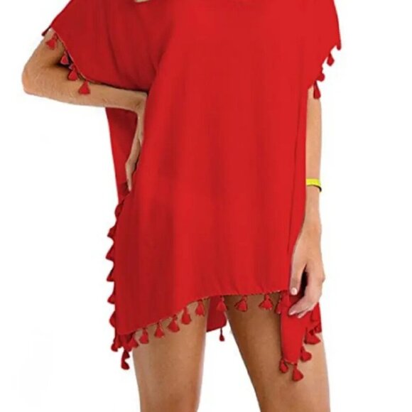 Chiffon Cover Up with Pom Trim (NOTE: Color: LIGHTER RED) - Picture 2 of 2